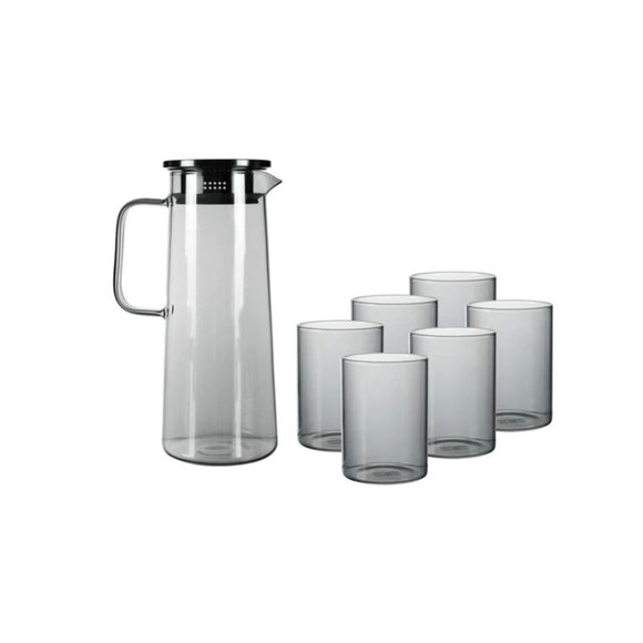 7 Piece Glass Pitcher Set (with Straining Lid, Handle) and 6 Glasses - GRAY - Picture 1 of 3